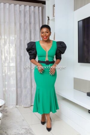 Puff black sleeves green dress