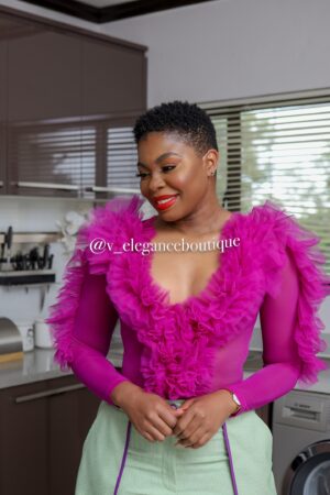 Orchid ruffle trim mesh bodysuit