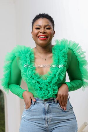 Green ruffle trim mesh bodysuit