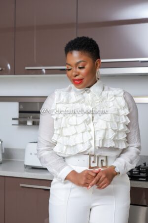 White ruffle front blouse