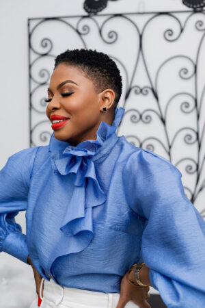 Luxury Trim Frill Blue Blouse