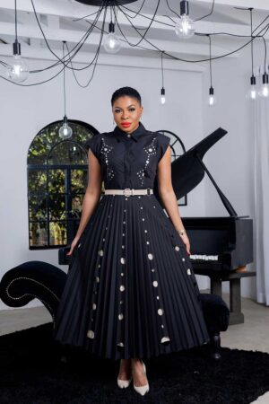 Pleated Black and Beige Dress